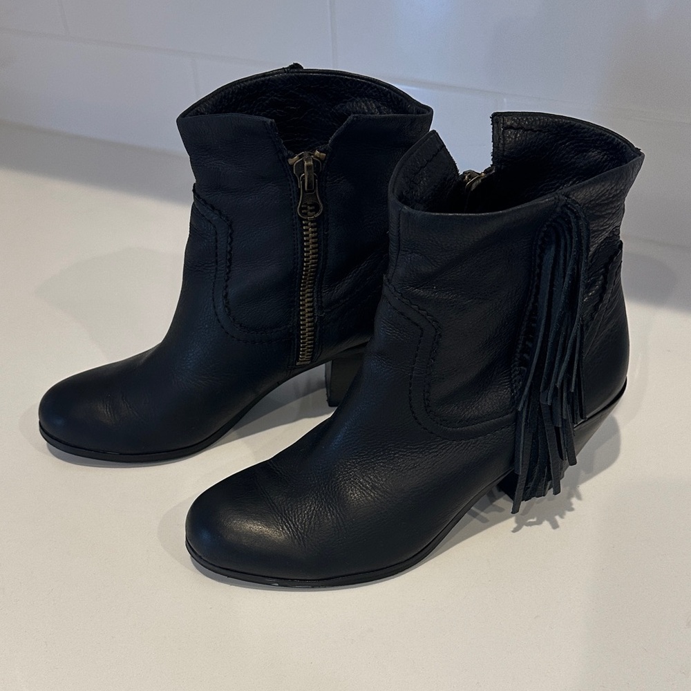 Sam Edelman Black Leather Ankle Boots with Fringe